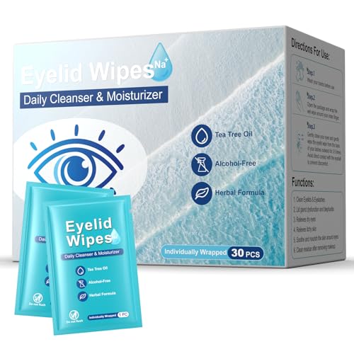 30PCS Tea Tree Oil Eyelid Cleansing Wipes,For Dry Eyes Daily Eye Care&Makeup Remover with Physiological Saline Removing Oil and Debris from Eyelids, Rinse Free Individually Wrapped Travel Essentials