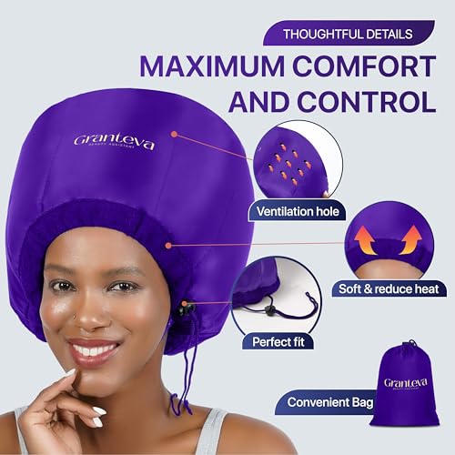 Granteva Purple Bonnet Hair Dryer Attachment with Headband - Diffuser Cap for Curly Hair, Heat Reduction & Faster Drying