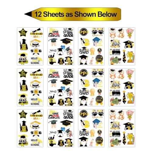 8TH Grade Graduation Class of 2025 Temporary Tattoos,12 Sheets 108 Pieces Graduation Themed Tattoos Stickers Party Decoration Supplies Party favors for 8TH Grade Graduation