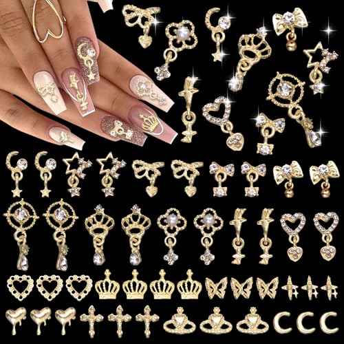 100 Pcs Gold Nail Charms and Gems, Gold Dangle Star Bows Nail Gems Charms, Metal Crown Heart Butterfly Charms for Acrylic Nail Art Alloy Cross Nail Charms for Women DIY Accessories