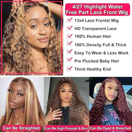 Highlight Ombre 13x4 Lace Front Wig Human Hair Pre Plucked HD Transparent 4/27 Honey Blonde lace frontal Wigs with Baby Hair 180% Density Colored Water Wave Lace Front wig for Women 26 inch