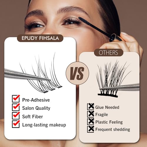 Self Adhesive Lash Clusters No-Stem 10-12mm Short Lash Clusters 156pcs Clear Invisible Band Pre Glued DIY Eyelashes Natural Soft Wispy C-Curl Individual Eyelash Extensions with Tweezers EPUDY FIHSALA