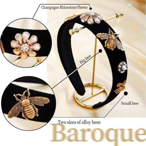 Black Baroque Headband Pearl Rhinestones Hairband with Beaded Hair Ties Handmade Velvet Hair Hoop Wide Head Band for Women (Bee)