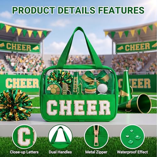 Green Cheerleading Makeup Bag with Chenille 'CHEER' Letters - Large Travel Organizer for Girls & Women