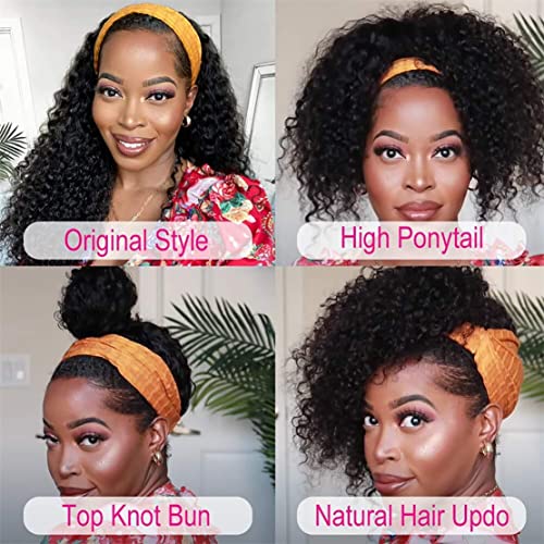 Curly Headband Wig Human Hair 18 inch Machine Made Wigs Glueless Deep Wave Headband Half Wigs for Black Women Human Hair Water Wave Natural Color