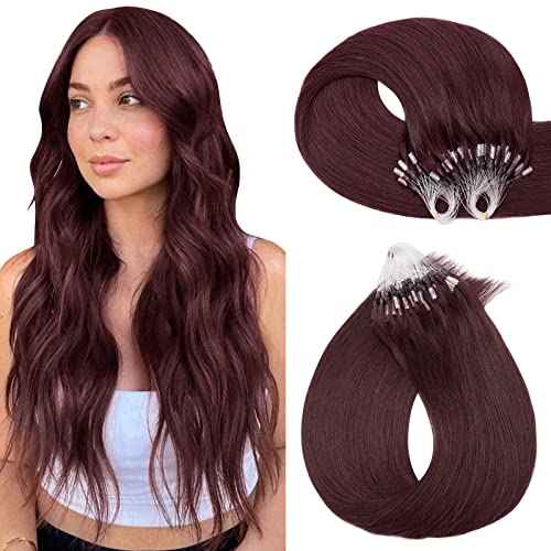 Hairro Microlinks Hair Extensions Human Hair Micro Loop Hairpieces Easy Pre Bonded Cold Fusion Keratin Stick Micro Bead Hair Extension For Women 16 inch 50g 100 Strands #99J Wine Red