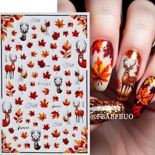 Fall Nail Art Stickers Autumn Maple Leaf Nail Decals 6PCS Autumn Leaves Deer Design 3D Self-Adhesive Nail Art Decorations Supplies Fall Stickers for Nails Women Thanksgiving Day DIY Manicure Decor