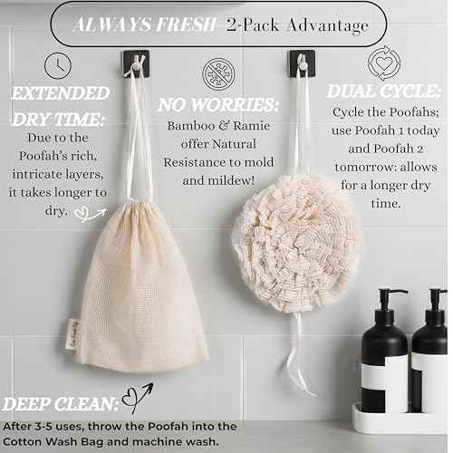 Bamboo Washcloth & Ramie Loofah ? Dual?Sided Body Scrubber for Bath & Shower ? Patent Pending - Gentle Exfoliation, Sensitive Skin Spa Tool ? Large Loofah with Bar Soap Pouch, Cotton Wash Bag, 2 Pack