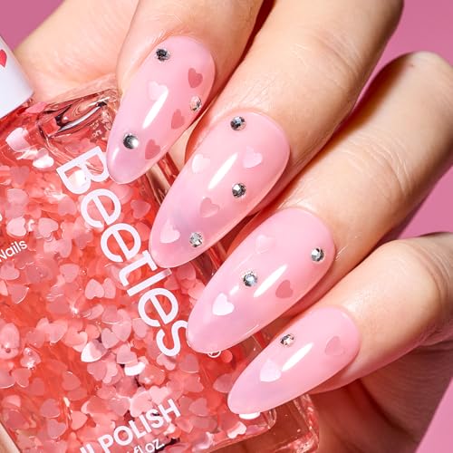 Beetles Pink Heart Easter Nail Polish - Quick Dry Glitter Top Coat 15ml