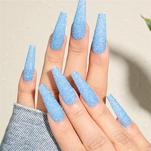 Sparkly Shiny Long Coffin Press On False Nails Medium Length Full Cover Acrylic Fake Nails Ballerina Nails for Women Lady Fashion Nails for Nail Salons and Home DIY Nail Art 24PCS (BKS1150 Blue)