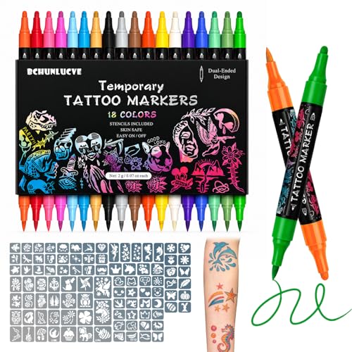 18 Colors Temporary Tattoo Markers with 96 Stencils