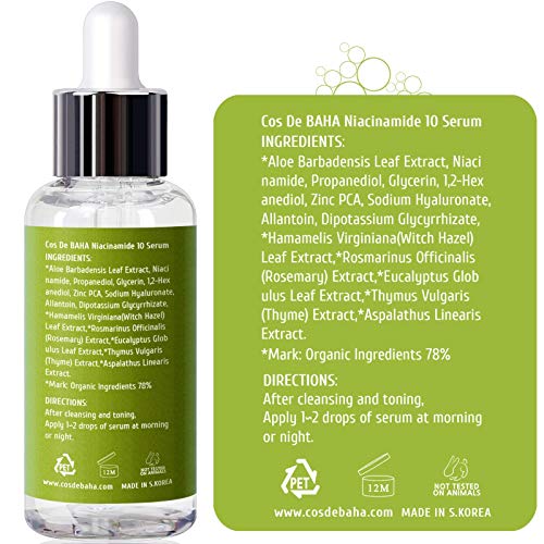 Cos De BAHA Niacinamide 10% Serum 2 Fl Oz ? Zinc PCA, Hyaluronic Acid & Aloe for Balancing, Pore-Refining & Uneven Tone (60 ml)