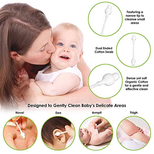 Organic Baby Safety Cotton Swabs with Bulb Tip - 220 Count (4 Pack)