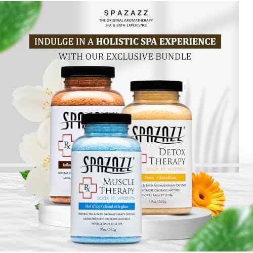 Spazazz Hot Tub Aromatherapy RX Muscle Detox Joint Bath Salt Crystals Bundle. Three Jars of 19oz Spazazz Hot Tub Crystals with Hot/Cold Towel and 5-Point Full Body Massager