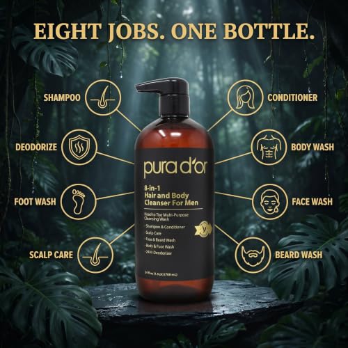 PURA D'OR 24 Oz 8-in-1 Multi-Use Hair & Body Cleanser for Men – Organic Aloe & Cedarwood
