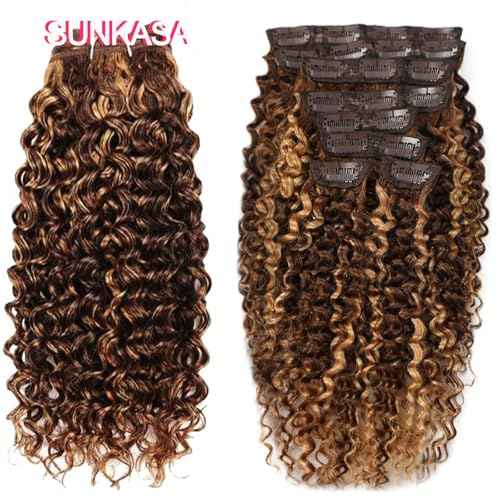 22 Inch Highlight P4/27 Kinky Curly Clip Ins Human Hair 110g 8pcs 20 Clips 3C 4A Curly Clip In Hair Extensions Real Human Hair Brazilian Virgin Hair Full Head for Women P4/27 Color