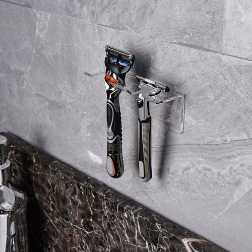 LUEXBOX 2Pack Safety Razor Holder for Shower Wall, Self Adhesive Razor and Brush Stand for Bathroom, Shaving Brush Stand Compatible with Fusion 5 Proglide, Mach 3 Classic(Clear)