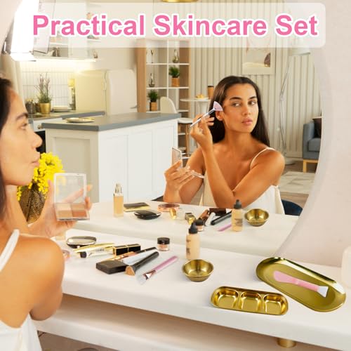 14 Pcs Esthetician Supplies 3 Large Stainless Steel Gold Mixing Bowls 1 Gold Serving Tray 1 Serving Tray with 3 Compartment 3 Facial Fan Brushes 3 Face Mask Applicator Brush 3 Facial Mask Scrapers