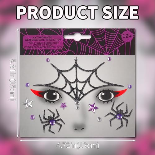 Halloween Face Stickers Glitter Spider Face Gems Face Jewels Self-Adhesive Spider Web Temporary Tattoos Stickers for Face Eyes Halloween Makeup Cosplay Party Supplies 2Pcs