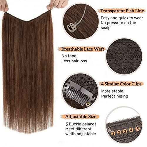 Wire Hair Extensions Real Human Hair 18 inch 100g Brown #4 Remy Wire Hair Extensions Hairpieces with Invisible Transparent Fish Line Natural Straight Fish Wire Hair