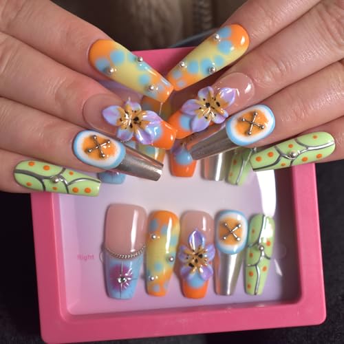 Handmade Nails 10Pcs Manual Hand-Painted Press on Nails with Hand Carved Flowers and Charms Long Coffin for Women DIY Manicure Decorations, Size M