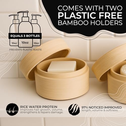 Viori Native Essence Shampoo and Conditioner Bar Set and Bamboo Holder - Made with Rice Water for Hair Growth - Handcrafted Sulfate Free Shampoo and Conditioner