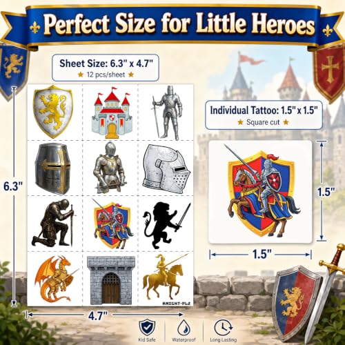 Medieval Knight Temporary Tattoos for Kids | 96 PCS
