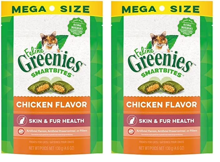 Greenies Feline Smartbites Skin & Fur Crunchy and Soft Natural Cat Treats, Chicken Flavor, 4.6 oz. Pack (Pack of 2)