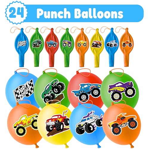72 PCS Monster Truck Party Favors - 48 PCS Temporary Tattoos & 24 PCS Punch Balloons Combo - Birthday Gifts & Goodie Bag Fillers