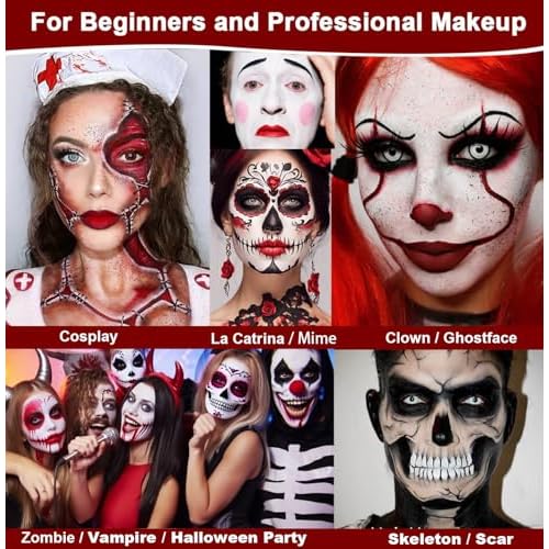 Afflano Red Black White Face Paint Halloween Clown Makeup Kit, Black and White Body Paint with Sponges Brushes, Washable Red Face Painting for Joker Pennywise Zombie Vampire Cosplay Theater SFX Makeup