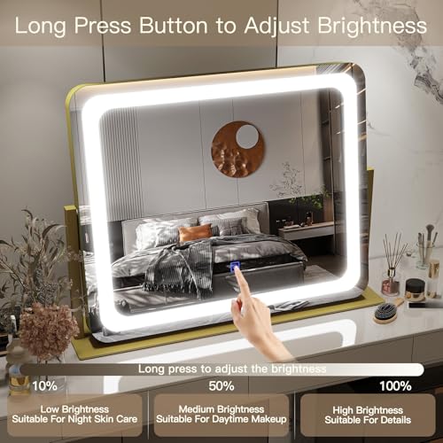 FENNIO Gold Vanity Mirror with Lights 22"x19" LED Makeup