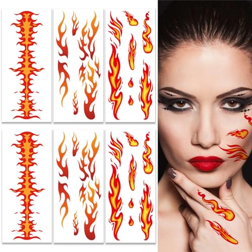 Flame Temporary Tattoo Stickers - 6 Sheets Waterproof Face Body Art