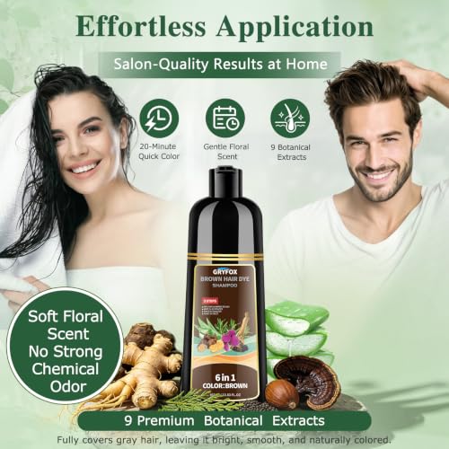 GRYFOX Brown Hair Dye Shampoo - Gray Coverage in 15 Minutes