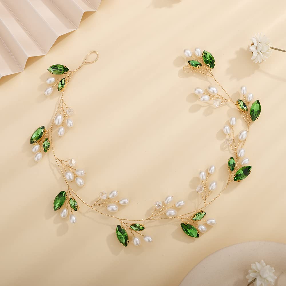 Teyglen Dainty Wedding Bride Rhinestones Pearls Headband Hair Vine Simple Handmade Bridal Green Crystal Headband Wedding Headpieces Hair Accessories for Women Girl (Green)