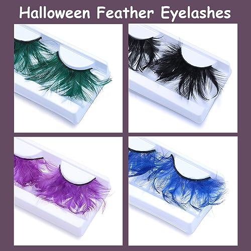 DSLONG Halloween Eyelashes Green Feather Eyelashes Dramatic Extra Long Big Halloween Colored Lashes Cosplay Feather Lashes Show Dance Makeup Tools Reusable (A-SET)