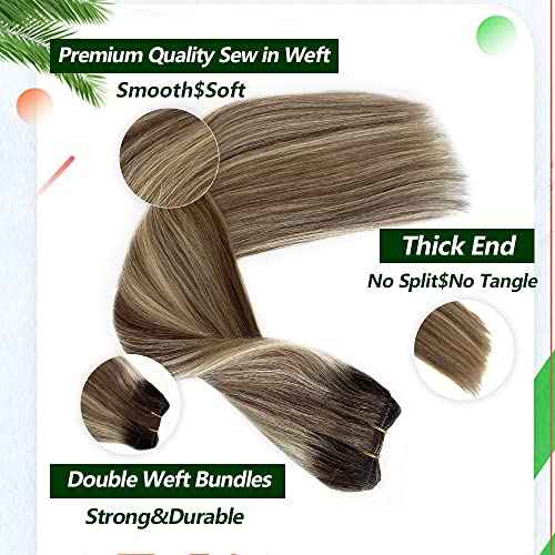 Hair Wefts Extensions Sew in Remy Hair Double Weft Human Hair Weave Brown Roots to Ash Brown with Bleach Blonde Highlights Sew in Human Hair Extensions 20 inch 100g for Women