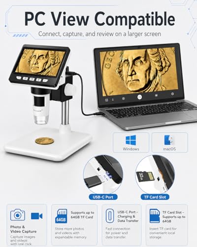 AOPICK White Digital Coin Microscope 1000X with 4.3" LCD, 1080P USB, 8 LED Lights
