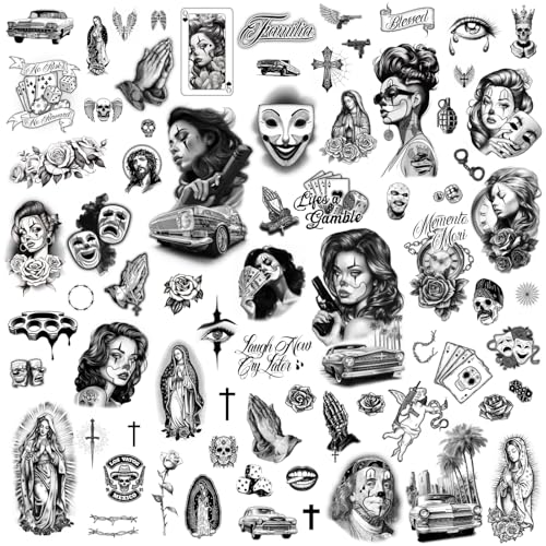 Los Vatos Chicano Bundle - 8 Sheets Cholo and Chola Temporary Tattoos - Payasa, Lowrider, Virgin Mary, Prayer, Cross, Chicana, Gangster, Fake Tattoo, D?a de Muertos, Tatuajes Temporales