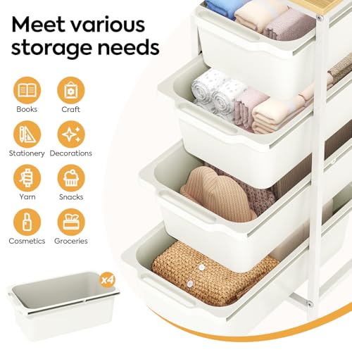 4-Drawer Rolling Storage Cart with Wooden Top & Lockable Wheels