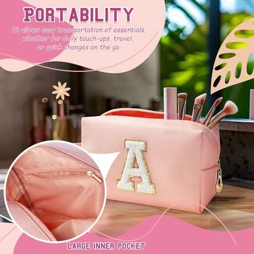 Personalized Initial Makeup Bag with Handle, Preppy Cosmetic Bag with Inner Zipper Pocket, 8 9 10 11 12 13 14 Years Old Girl, Graduation Gifts for Teen Girls Women Teachers (A, Pink)