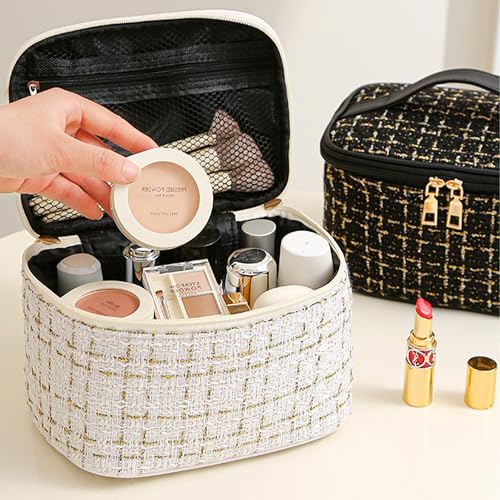 Tweed Cosmetic Travel Bag Large Capacity Makeup Case White