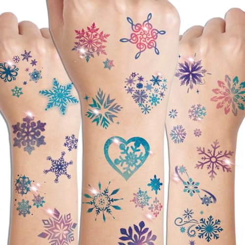 Glitter Snowflake Temporary Tattoos for Kids - 74 Individually Sheets Snowflake Tattoos for Kids Winter Christmas Party Supplies