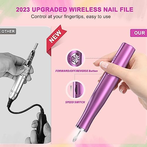 Electric Nail File - ZoCCee 22,000RPM Nail Drill- Cordless Drill with LED Light - Professional Nail Drill Kit - Rechargeable e File for Quick Manicure Pedicure (Cordless, Pink)