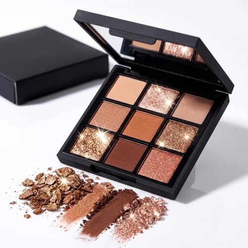 FYNLA Warm Nude 9-Color Eyeshadow Palette - Matte, Shimmer & Glitter Shades for Natural & Glam Looks