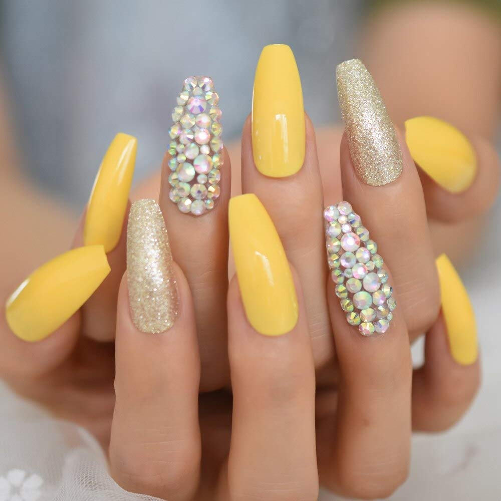 Coolnail Neon Leon Yellow Press on False Nails Holo Gems Gold Glitter Extra Long Coffin Ballerina Full Fingersnails Free Adhesive Tapes