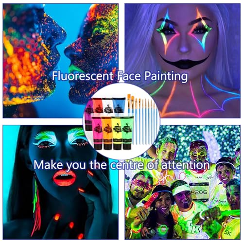 UV Neon Body Paint Kit, 8 Fluorescent Colors with 10 Brushes