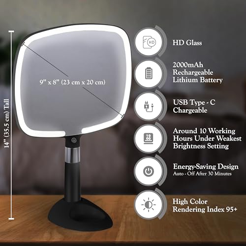 MIRRORVANA LED Travel Makeup Mirror - 9x13 Inch Handheld with Bright Lighting, Rechargeable, Adjustable Stand, Black
