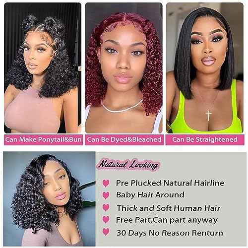 Short Curly Bob Wig Human Hair Deep Wave Bob Wig Lace Front Wigs Human Hair 13x4 Transparent Lace Frontal Wigs for Black Women Glueless Wet and Wavy Lace Front Wigs Human Hair Pre Plucked 14inch