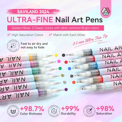 Saviland Nail Art Kit: 12 Colors 0.5mm Nail Polish Pens for Nail Art Design & 1g White Pearl Chrome Powder for Gel Nail Polish