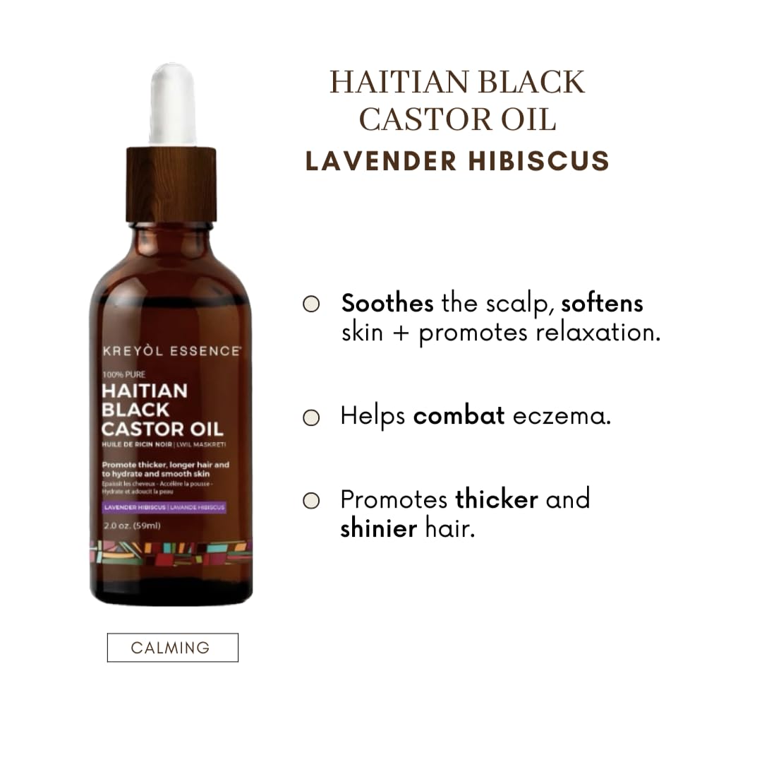 Kreyol Essence - Lavender Hibiscus Haitian Black Castor Oil, 2.0 oz Glass Bottle - Omega Fatty Acids (3,6,9) and, Hair Growth, Smoother Skin